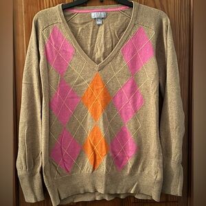JCPenney V-Neck Argyle Cashmere blend Sweater - Pink, Orange, and Tan